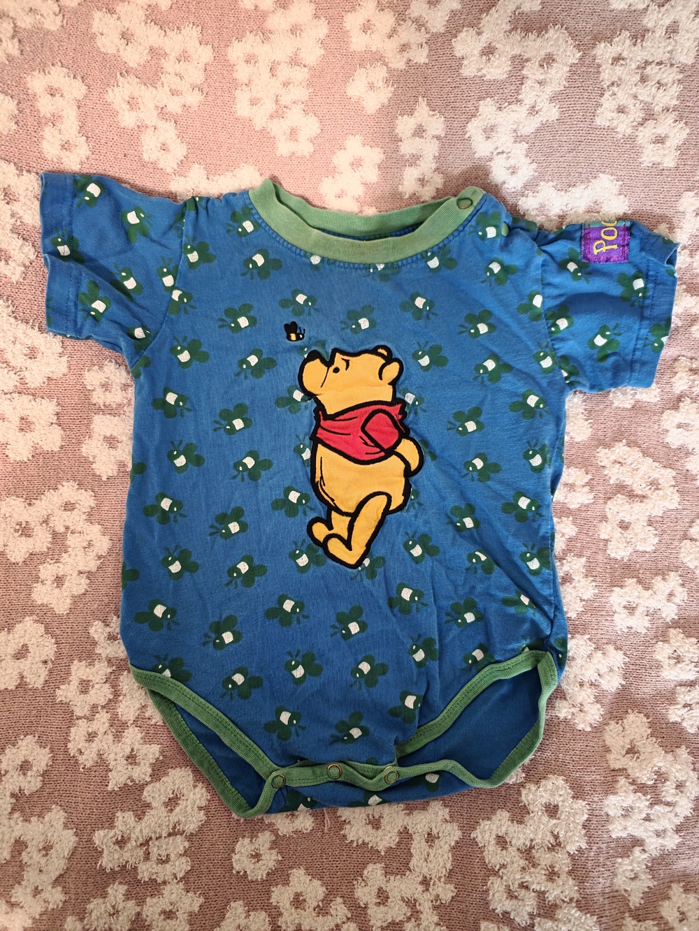 Vintage Winnie the Pooh Blue Short-Sleeve Baby One-Piece